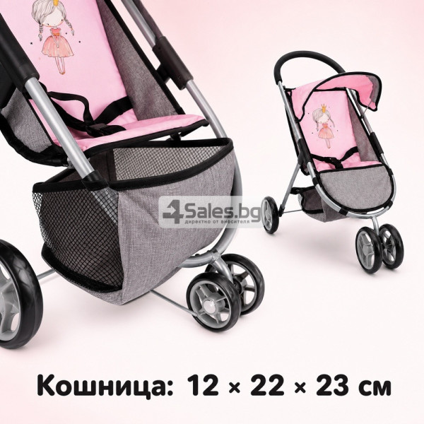 Детска количка за кукли със сенник, предпазен колан и кошница 3