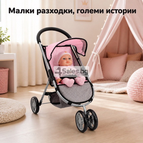 Детска количка за кукли със сенник, предпазен колан и кошница