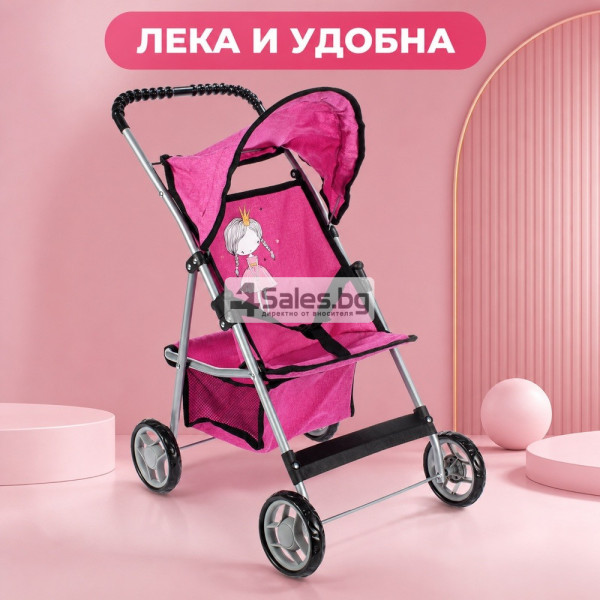 Детска количка за кукли с подвижен сенник, колани и кош за аксесоари 2