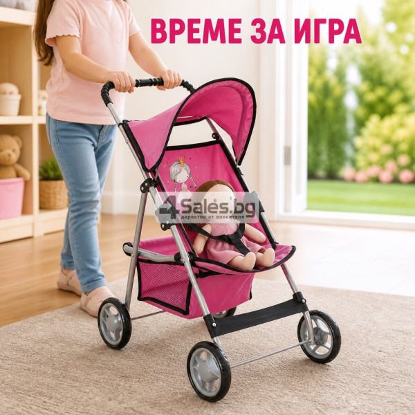 Детска количка за кукли с подвижен сенник, колани и кош за аксесоари
