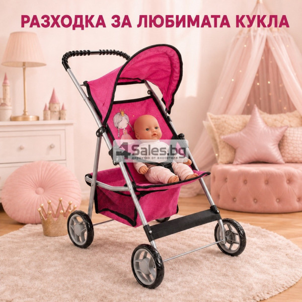 Детска количка за кукли с подвижен сенник, колани и кош за аксесоари