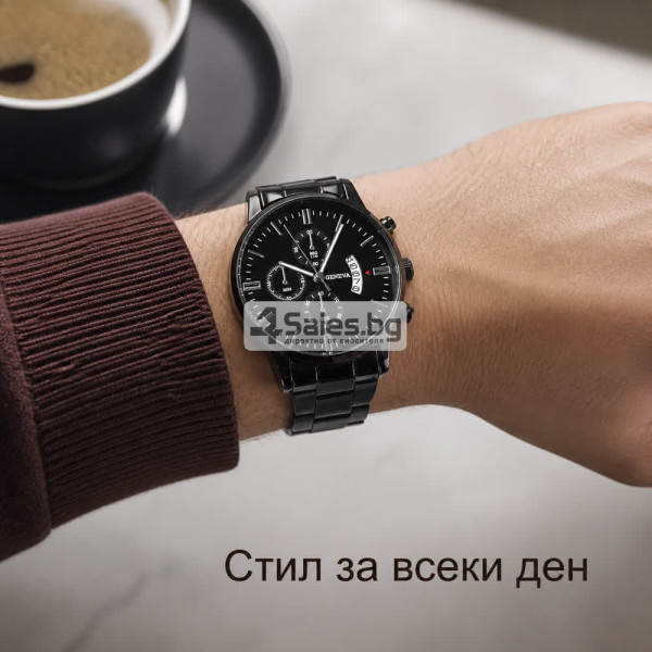 Мъжки черен аналогов часовник с метална верижка и календар – стил за всеки ден 4