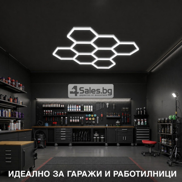 LED хексагонално осветление за гараж и работилница 280W, 6500K, 257.6×244.4 см, 35 LED панела, IP54 4