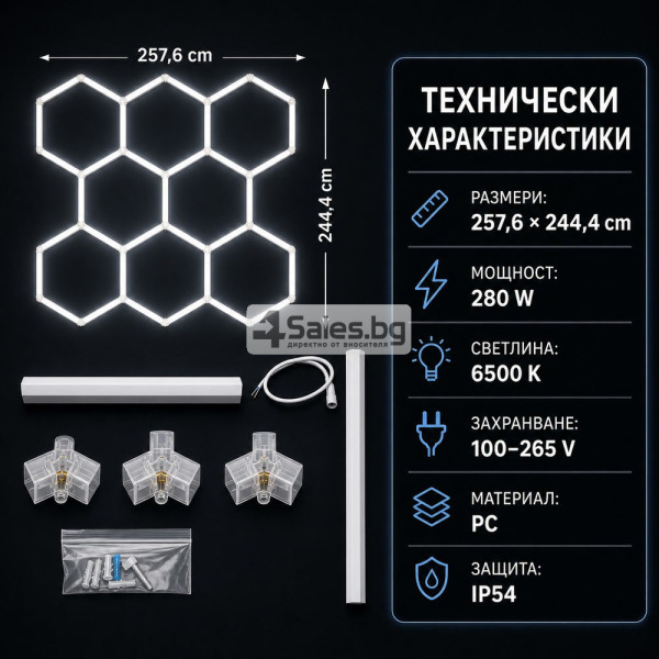 LED хексагонално осветление за гараж и работилница 280W, 6500K, 257.6×244.4 см, 35 LED панела, IP54