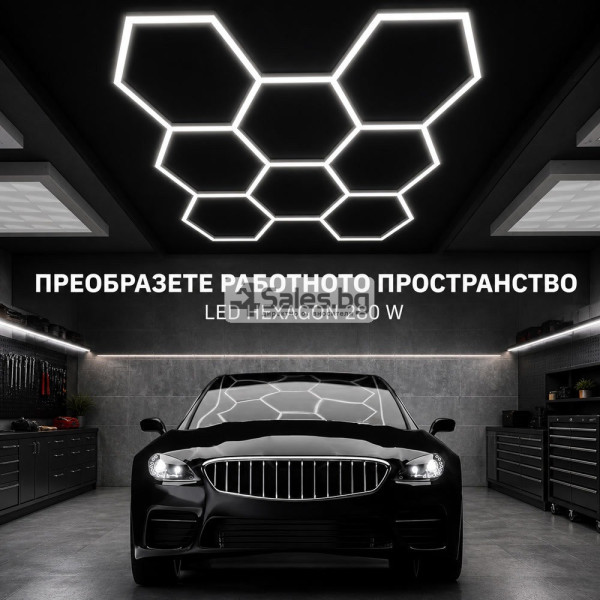 LED хексагонално осветление за гараж и работилница 280W, 6500K, 257.6×244.4 см, 35 LED панела, IP54 8