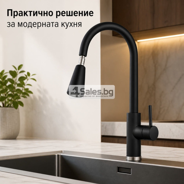Черен кухненски смесител с изтеглящ се чучур, висок дизайн 38 см, гъвкав обхват и лесен монтаж 4