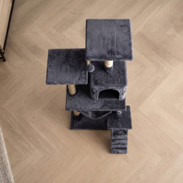 Котешка драскалка с къщичка, хамак и рампа, 125 см, тъмносива