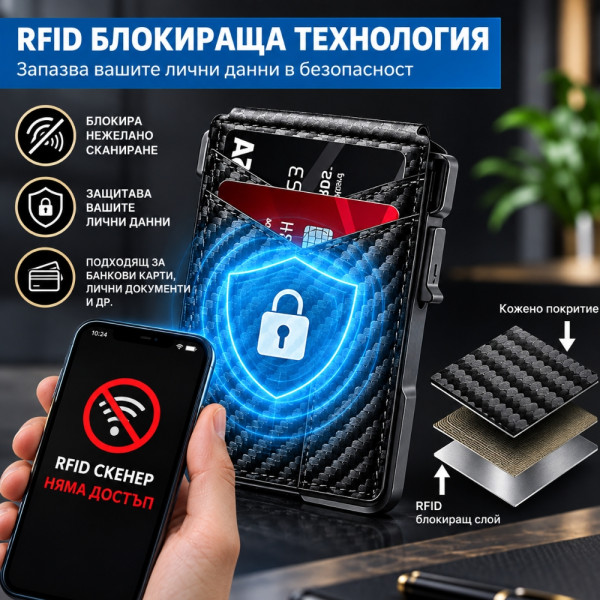 Мъжки портфейл за карти CARDPOP с RFID защита, автоматично изваждане и магнитно затваряне