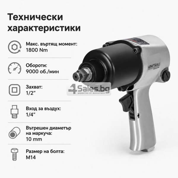 Пневматичен гайковерт 1/2″ – 1800 Nm, 9000 об./мин, комплект 13 части с куфар 9