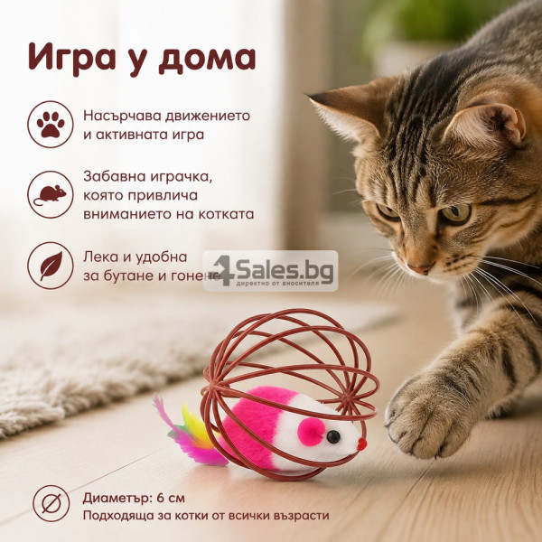 Топка за котка с мишка, пера и дрънкалка 4