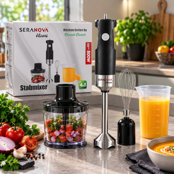 Пасатор 4 в 1 SERANOVA Home 800W – Ръчен блендер с чопър, телена бъркалка и мерителна кана