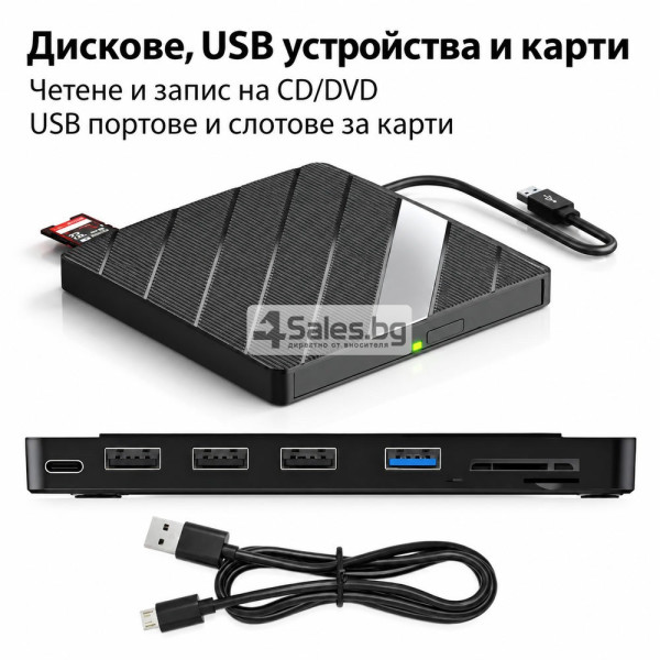 Външно CD/DVD записващо устройство 7 в 1 с USB-A, USB-C, USB хъб и четец за карти 3