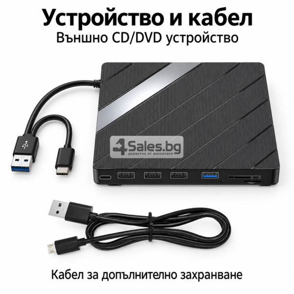 Външно CD/DVD записващо устройство 7 в 1 с USB-A, USB-C, USB хъб и четец за карти 5
