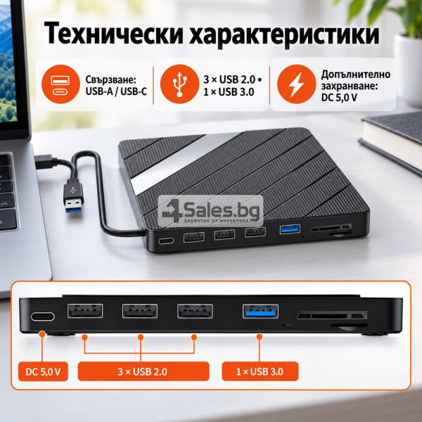 Външно CD/DVD записващо устройство 7 в 1 с USB-A, USB-C, USB хъб и четец за карти 6