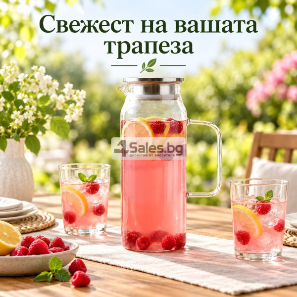 Стъклена кана 1,5 л от боросиликатно стъкло с капак, цедка и уплътнение 5