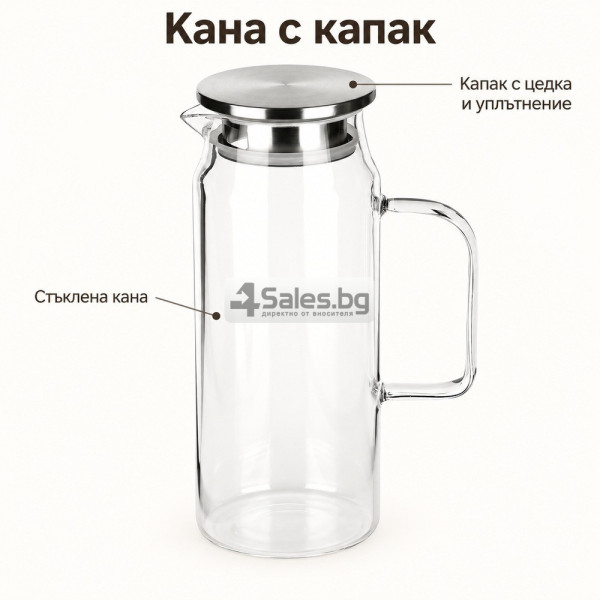 Стъклена кана 1,5 л от боросиликатно стъкло с капак, цедка и уплътнение 8