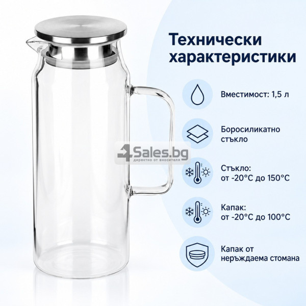 Стъклена кана 1,5 л от боросиликатно стъкло с капак, цедка и уплътнение 9