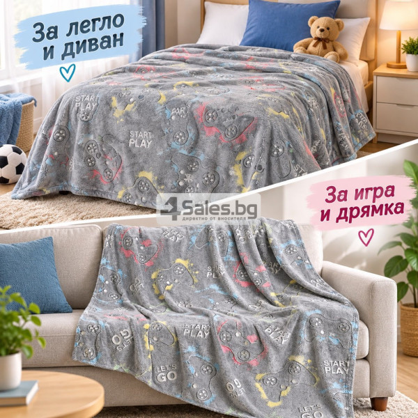 Меко детско одеяло 130x180 см с геймърски мотиви - пухкаво и леко за легло, диван и пътуване 5