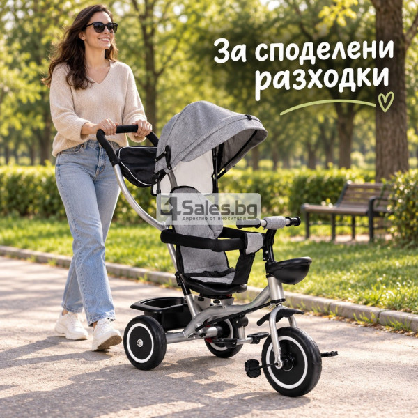 Детска триколка 2 в 1 със сенник и въртяща се седалка, сива