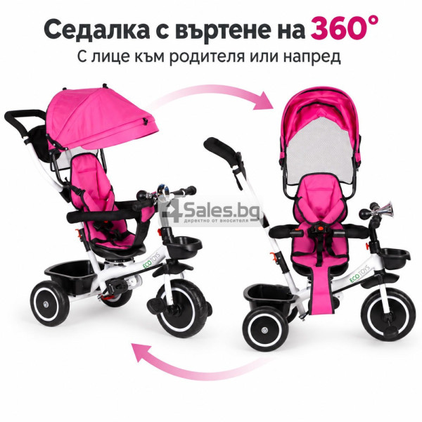 Детска триколка 6м+ с въртяща се седалка 360°, родителска дръжка и сенник, розова 4