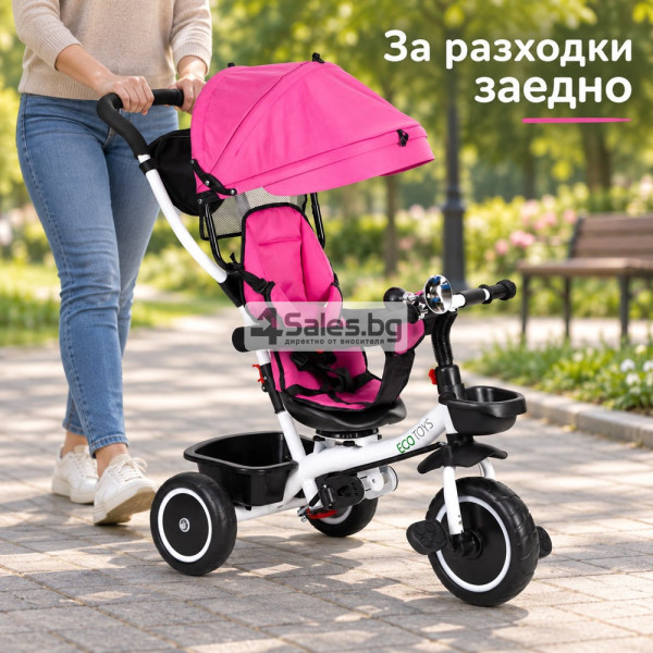 Детска триколка 6м+ с въртяща се седалка 360°, родителска дръжка и сенник, розова 5