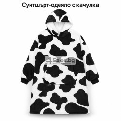 Топло суитшърт-одеяло 2 в 1 с качулка и кенгуру джоб – бяло и черно, универсален размер