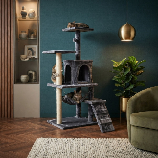Котешка драскалка с къщичка, хамак и рампа, 125 см, тъмносива 5