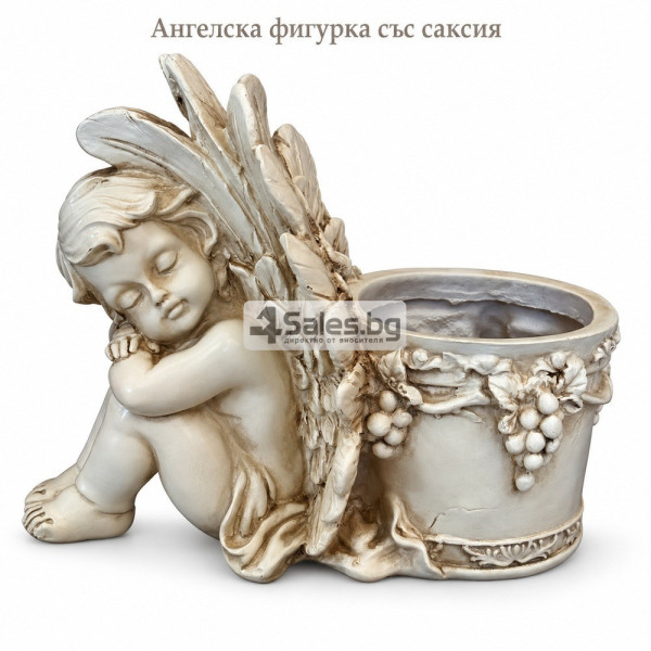 Декоративна саксия със спящ ангел и релефни крила 2