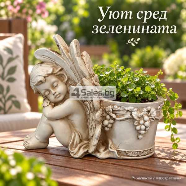 Декоративна саксия със спящ ангел и релефни крила