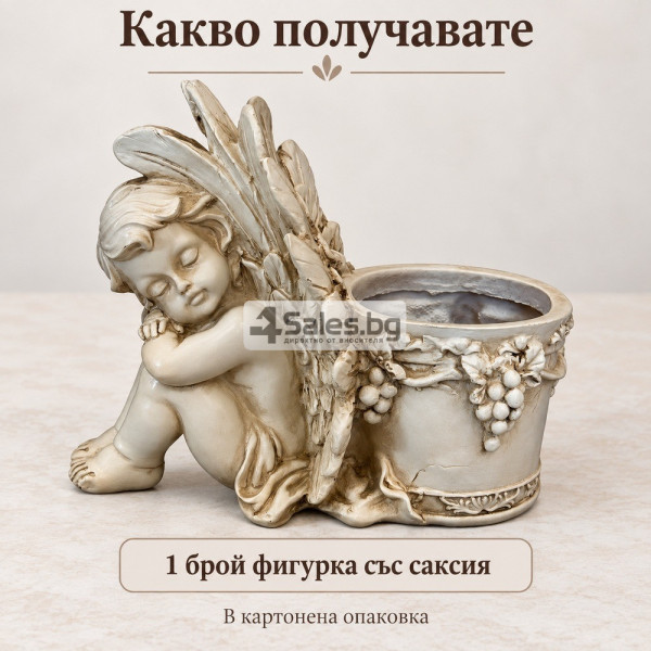 Декоративна саксия със спящ ангел и релефни крила
