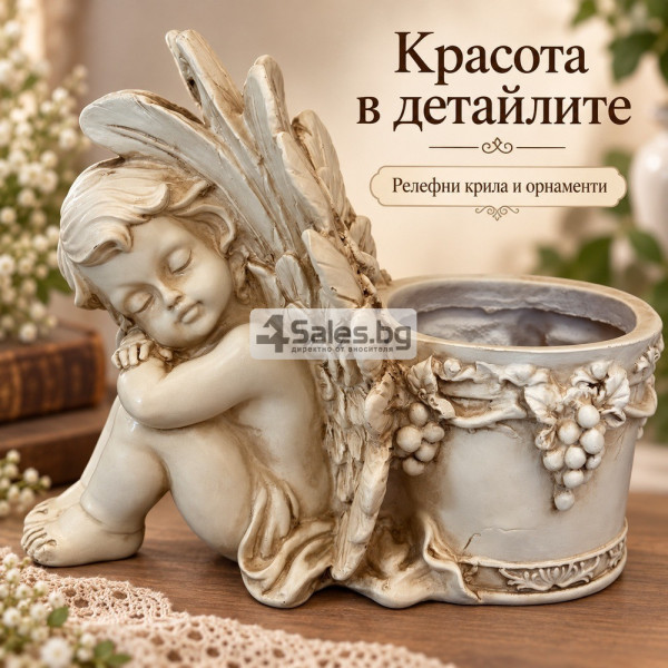 Декоративна саксия със спящ ангел и релефни крила 7