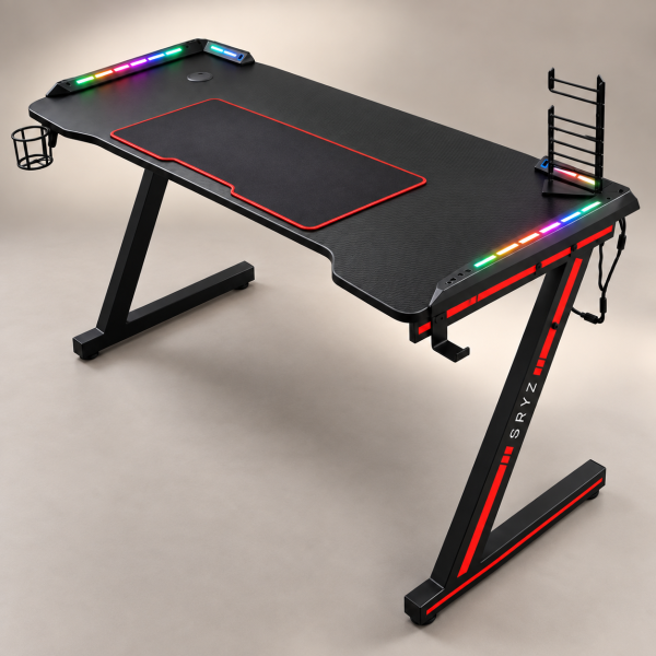 Геймърско бюро с RGB LED осветление, стойка за джойстици, поставка за чаша и голяма подложка – 140×60×75 см