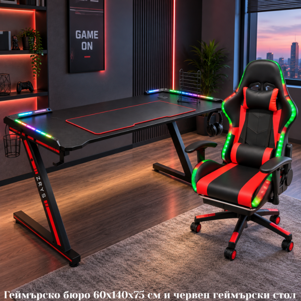 Комплект Геймърско бюро с RGB LED осветление и геймърски стол с RGB LED осветление и дистанционно