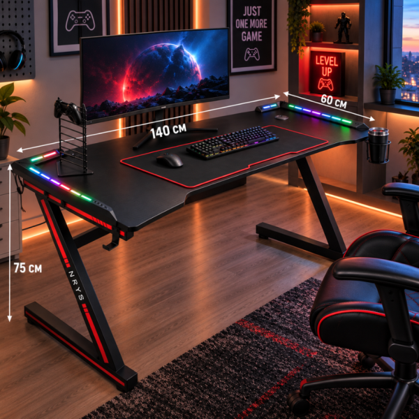 Комплект Геймърско бюро с RGB LED осветление и геймърски стол с RGB LED осветление и дистанционно