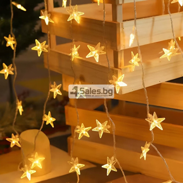 LED гирлянд със звезди 3 м, 20 LED, топла бяла светлина, 2 режима, батерийно захранване