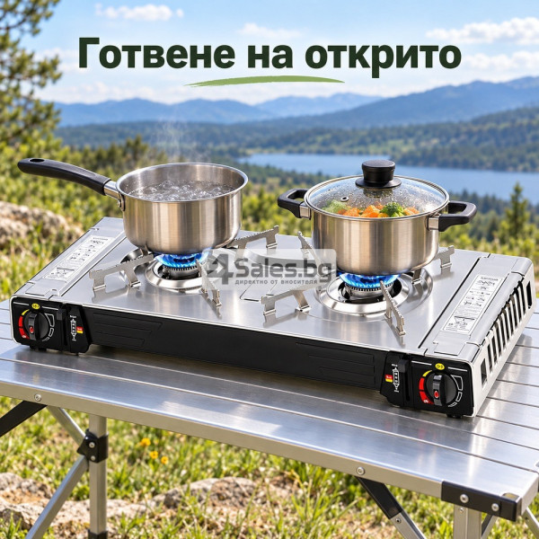 Двоен преносим газов котлон за къмпинг с 2 горелки, пиезозапалване и отделно регулиране на пламъка 6