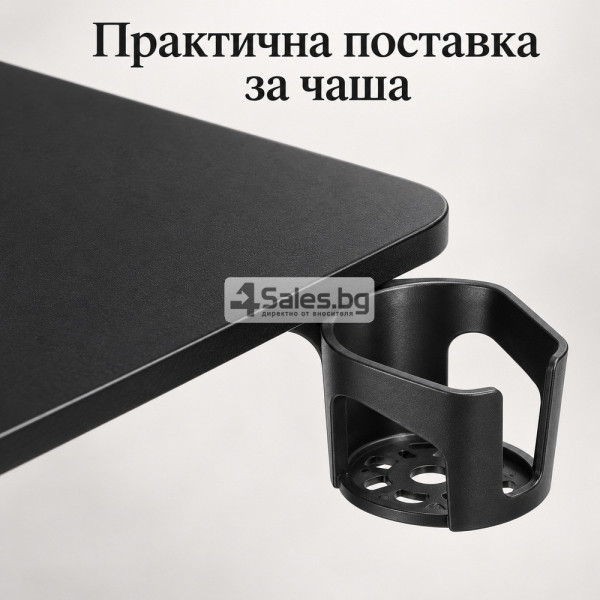 Мобилно регулируемо бюро за лаптоп – пневматично, 71.5–112 см, с колелца и поставка за чаша, черно