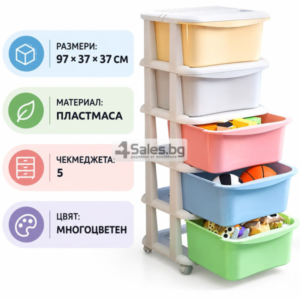 Мобилен пластмасов стелаж с 5 чекмеджета 5
