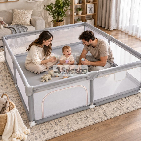 Детска кошара за игра 150x200 см – сгъваема, с мрежести страни, вход с цип и меки защитни ръбове, сива 3