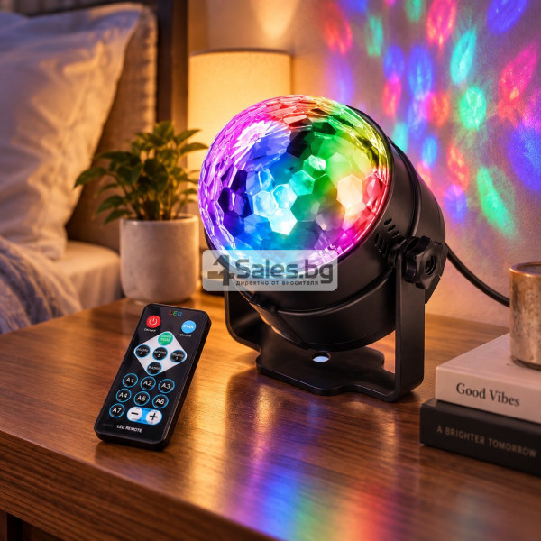 LED диско лампа RGB с дистанционно – Музикален режим, въртящ ефект, за парти и дом