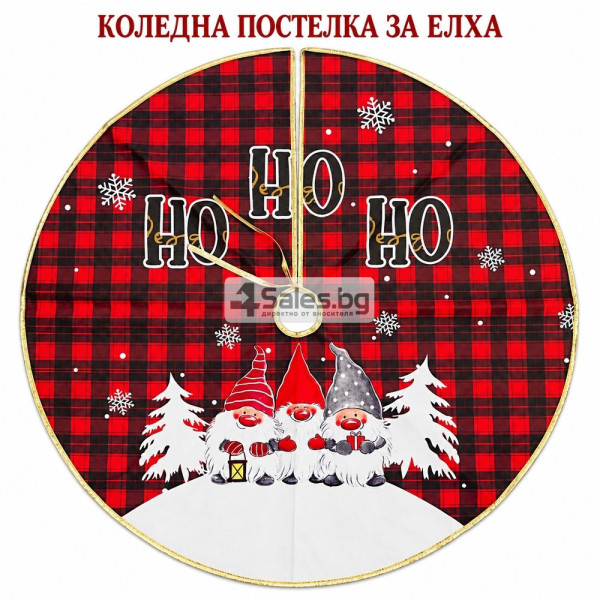 Коледна постелка за елха 80 см с джуджета, червено каре и златист кант 1