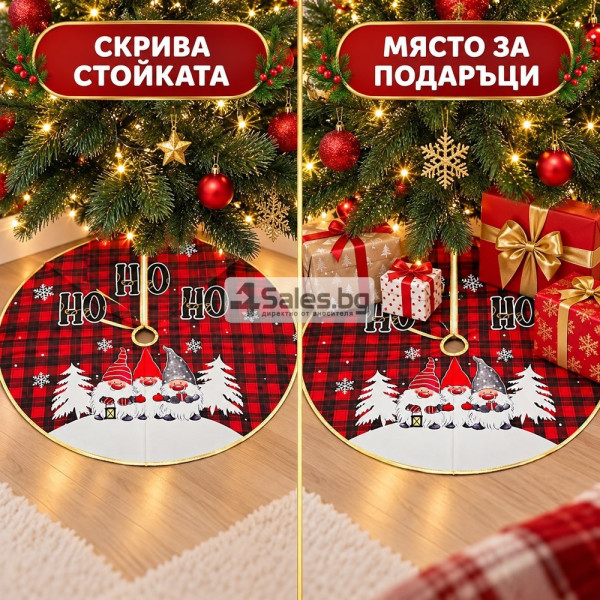 Коледна постелка за елха 80 см с джуджета, червено каре и златист кант