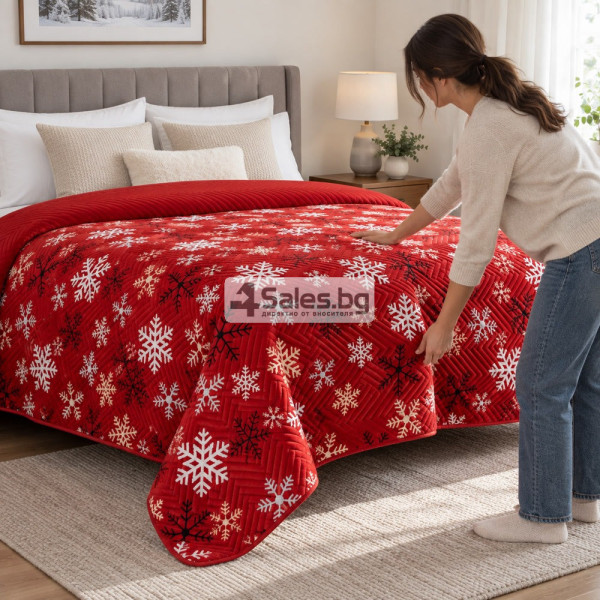 Червена капитонирана кувертюра за легло със снежинки 170 x 210 см 4