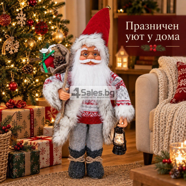 Скандинавски Дядо Коледа 60 см – Стояща коледна декоративна фигура с фенер и чувал 4