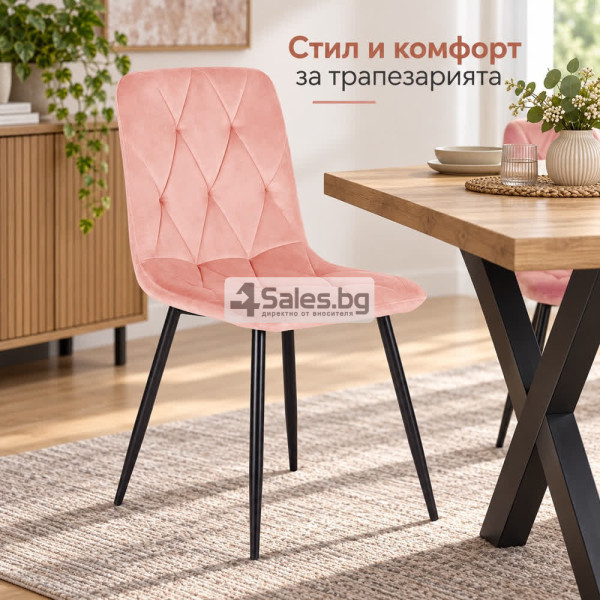 Тапициран стол от розово-салмонов велур с черни крака 5