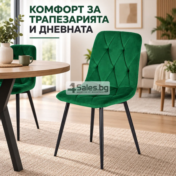 Тапициран стол от велур с черни метални крака, зелен 4