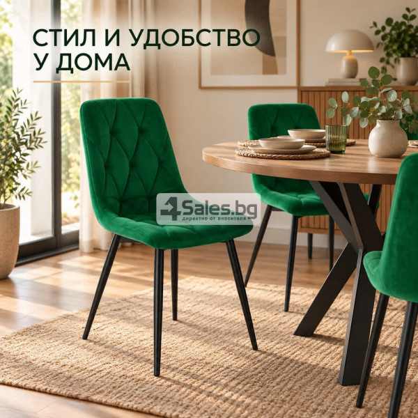Тапициран стол от велур с черни метални крака, зелен 3