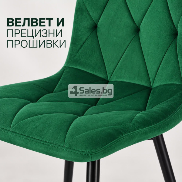 Тапициран стол от велур с черни метални крака, зелен 6