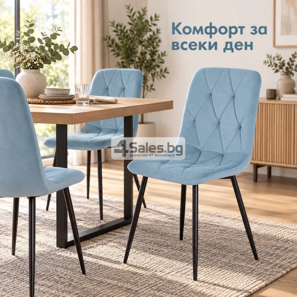 Тапициран стол от велур с черни метални крака, светлосин 5