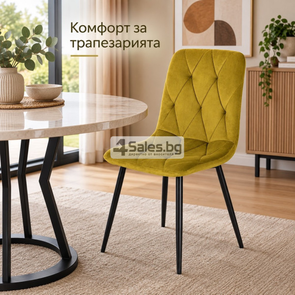 Тапициран стол от велур с черни метални крака, маслиненозелен